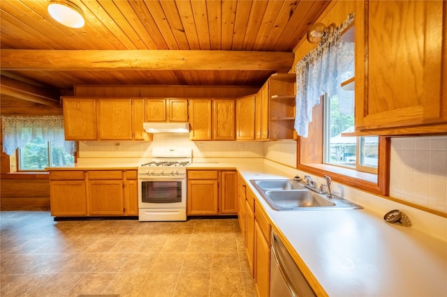 137 Amber Rd, Troy, MT 59935 - kitchen featuring gas range gas stove, under cabinet range hood, a sink, healthy amount of natural light, and wooden ceiling with exposed beams