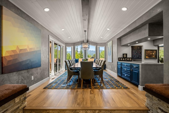 309 Fairway Dr, Whitefish, MT 59937 - dining room featuring light wood-type flooring, recessed lighting, and wooden ceiling