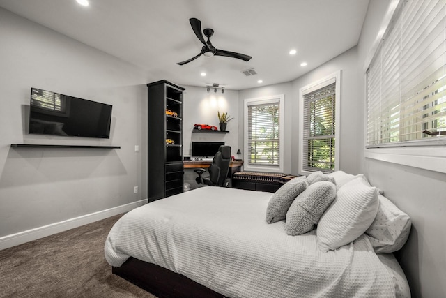 309 Fairway Dr, Whitefish, MT 59937 - bedroom with recessed lighting, a desk, carpet, and a ceiling fan