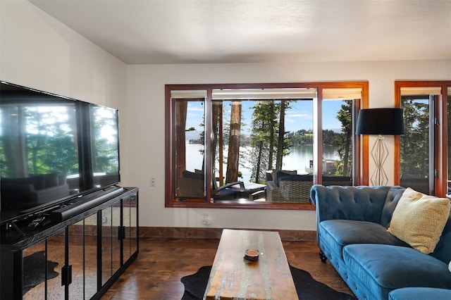 14690 Shore Acres Dr, Bigfork, MT 59911 - living area with wood finished floors, a water view, and baseboards