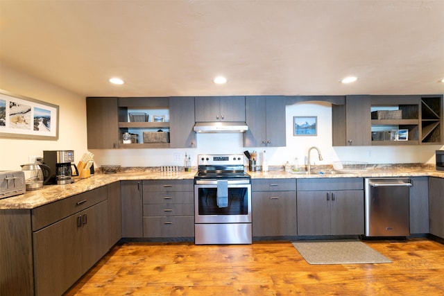 14690 Shore Acres Dr, Bigfork, MT 59911 - kitchen featuring appliances with stainless steel finishes, open shelves, a sink, under cabinet range hood, and light wood-type flooring