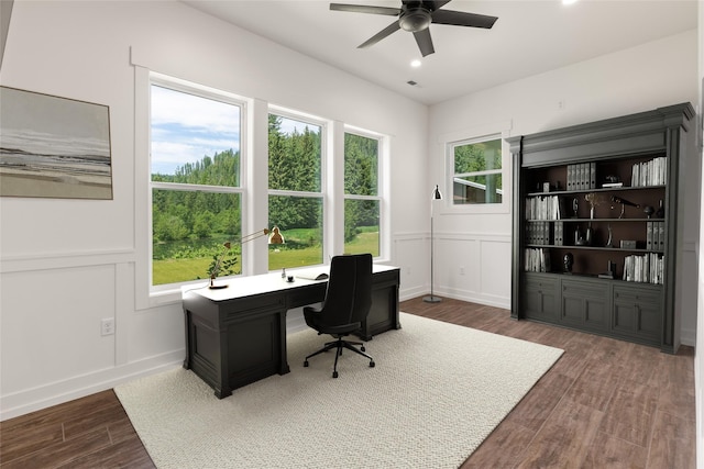 189 Blue Creek Rd, Heron, MT 59844 - office space with a ceiling fan, dark wood-style floors, a decorative wall, and recessed lighting