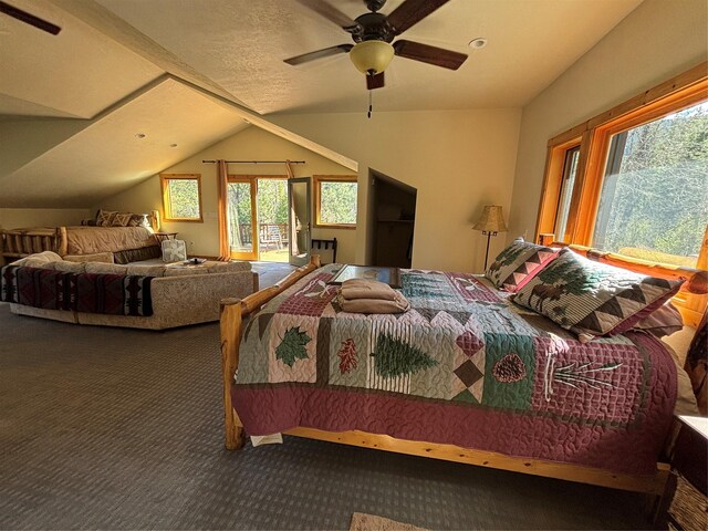 6900 Nez Perce Rd, Darby, MT 59829 - carpeted bedroom with access to outside, vaulted ceiling, multiple windows, and ceiling fan