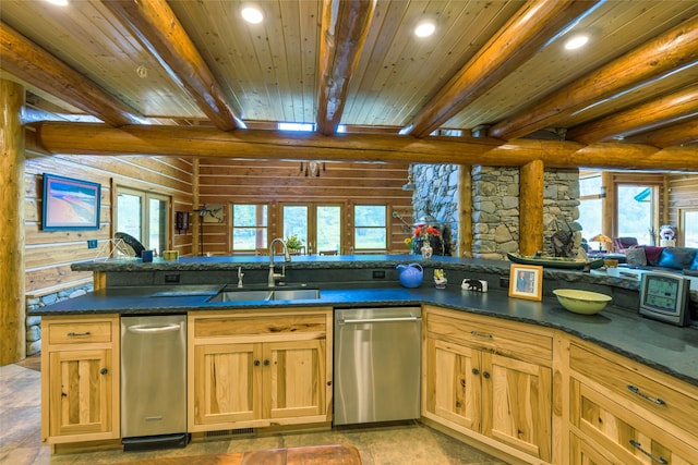 6900 Nez Perce Rd, Darby, MT 59829 - kitchen with dishwasher, a sink, open floor plan, wooden ceiling with exposed beams, and recessed lighting