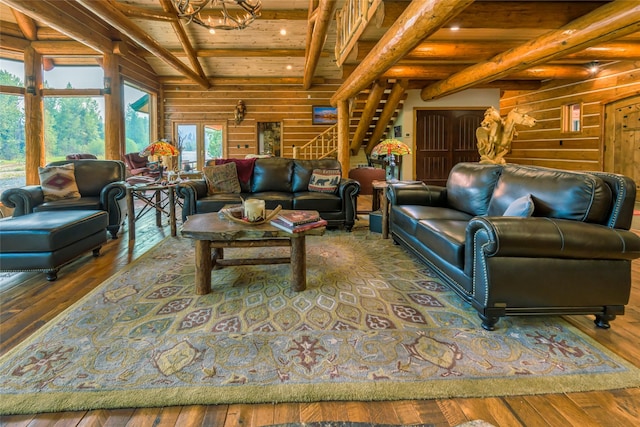 6900 Nez Perce Rd, Darby, MT 59829 - lobby featuring wood ceiling with exposed beams, wooden walls, and stairway