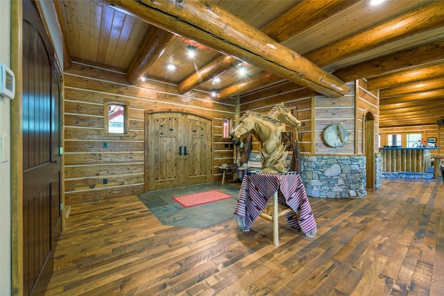 6900 Nez Perce Rd, Darby, MT 59829 - entryway with hardwood / wood-style flooring, wood ceiling with exposed beams, and wood walls