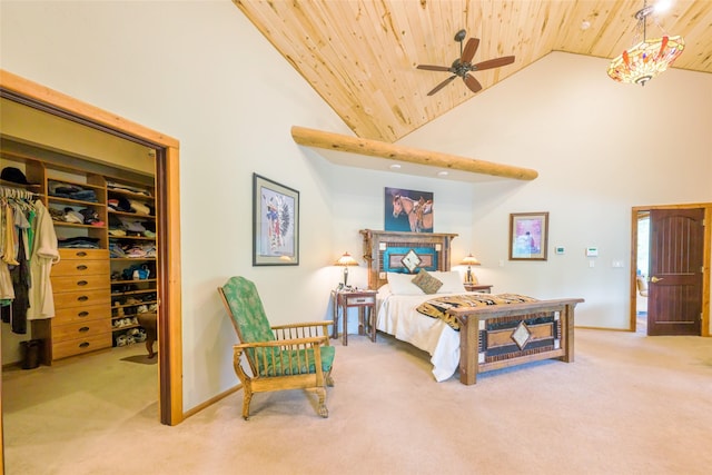 6900 Nez Perce Rd, Darby, MT 59829 - carpeted bedroom with high vaulted ceiling, wooden ceiling, a closet, baseboards, and a spacious closet
