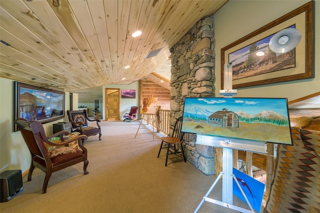 6900 Nez Perce Rd, Darby, MT 59829 - sitting room featuring carpet flooring, wood ceiling, lofted ceiling, and recessed lighting