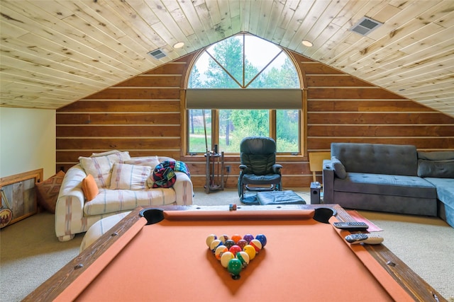 6900 Nez Perce Rd, Darby, MT 59829 - playroom featuring vaulted ceiling, carpet floors, wood walls, pool table, and wood ceiling