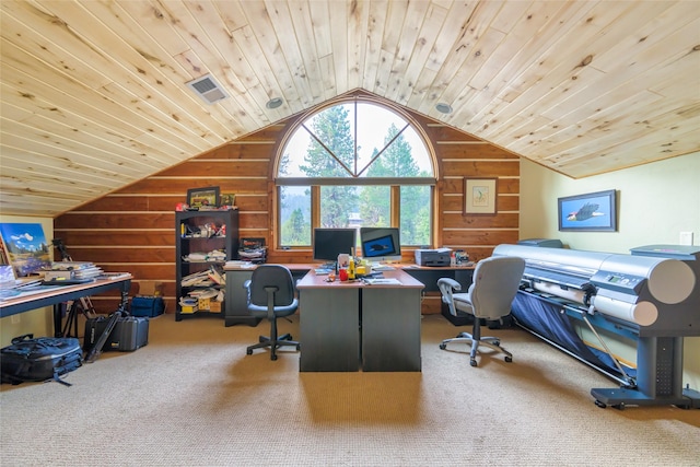 6900 Nez Perce Rd, Darby, MT 59829 - office with lofted ceiling, wood walls, carpet flooring, and wood ceiling