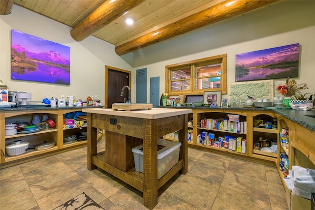 6900 Nez Perce Rd, Darby, MT 59829 - game room featuring wood ceiling with exposed beams, recessed lighting, and stone finish flooring