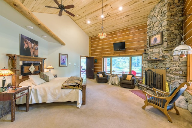 6900 Nez Perce Rd, Darby, MT 59829 - carpeted bedroom with a fireplace, high vaulted ceiling, wood ceiling, recessed lighting, and wood walls