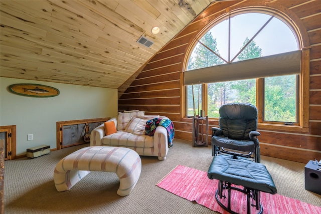 6900 Nez Perce Rd, Darby, MT 59829 - living area with vaulted ceiling, carpet flooring, plenty of natural light, wooden walls, and wood ceiling