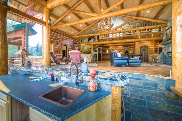6900 Nez Perce Rd, Darby, MT 59829 - kitchen featuring a sink, high vaulted ceiling, wooden ceiling with exposed beams, open floor plan, and recessed lighting