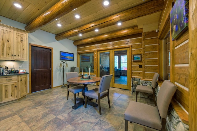 6900 Nez Perce Rd, Darby, MT 59829 - dining room featuring recessed lighting, wooden ceiling with exposed beams, and baseboards