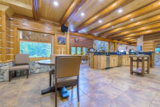 6900 Nez Perce Rd, Darby, MT 59829 - dining room featuring recessed lighting, wooden ceiling with exposed beams, and wood walls