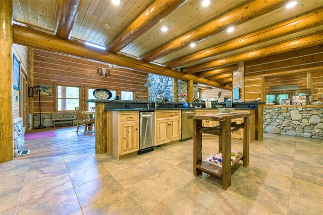 6900 Nez Perce Rd, Darby, MT 59829 - kitchen featuring stainless steel dishwasher, dark countertops, light brown cabinets, recessed lighting, and wooden ceiling with exposed beams