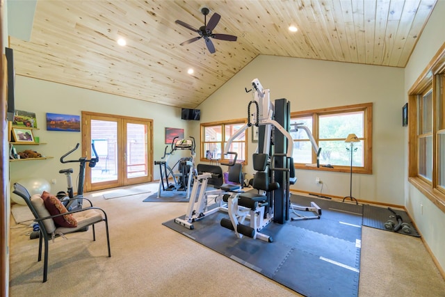 6900 Nez Perce Rd, Darby, MT 59829 - exercise area with recessed lighting, a ceiling fan, vaulted ceiling, wooden ceiling, and french doors