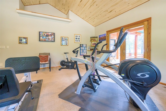 6900 Nez Perce Rd, Darby, MT 59829 - exercise room with wooden ceiling, carpet flooring, lofted ceiling, and baseboards