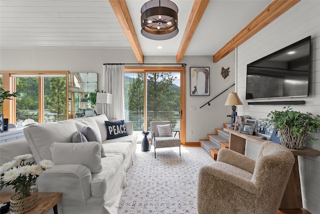 14833 Sunburst Dr, Bigfork, MT 59911 - living room with beamed ceiling and recessed lighting
