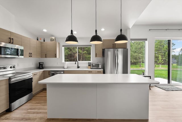 100 Bench Run, Columbia Falls, MT 59912 - kitchen featuring stainless steel appliances, healthy amount of natural light, light countertops, light wood-style flooring, and recessed lighting