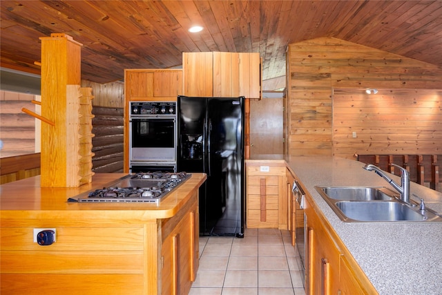 104 Swede Gulch Rd, Libby, MT 59923 - kitchen featuring black appliances, a sink, wooden ceiling, light tile patterned floors, and vaulted ceiling