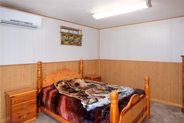 104 Swede Gulch Rd, Libby, MT 59923 - bedroom featuring a wall unit AC, carpet floors, wood walls, and a wainscoted wall