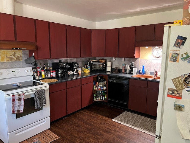 130 Sequist St, Simms, MT 59477 - kitchen with white appliances, extractor fan, dark wood-style flooring, dark countertops, and backsplash
