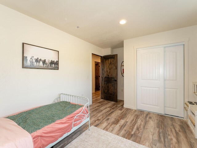 871 Conrad Dr, Kalispell, MT 59901 - bedroom with wood finished floors, a closet, recessed lighting, and baseboards