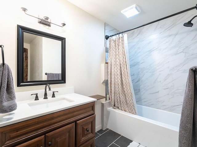 871 Conrad Dr, Kalispell, MT 59901 - full bath featuring shower / bathtub combination with curtain, vanity, and tile patterned floors