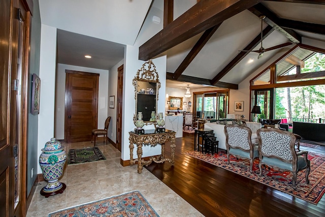 2475 E Lakeshore Dr, Whitefish, MT 59937 - foyer entrance featuring a ceiling fan, high vaulted ceiling, baseboards, beamed ceiling, and recessed lighting