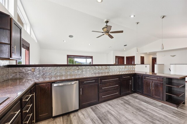 116 Windameer Ct, Butte, MT 59701 - kitchen with open shelves, stainless steel dishwasher, vaulted ceiling, light wood-style floors, and dark brown cabinets