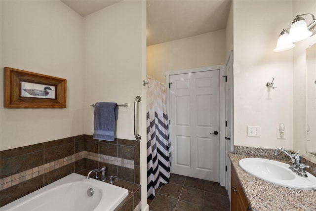 13471 Sundance Trl, Bigfork, MT 59911 - bathroom with vanity, a bath, tile patterned floors, and a shower with curtain