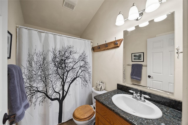 13471 Sundance Trl, Bigfork, MT 59911 - bathroom with vanity, lofted ceiling, and curtained shower
