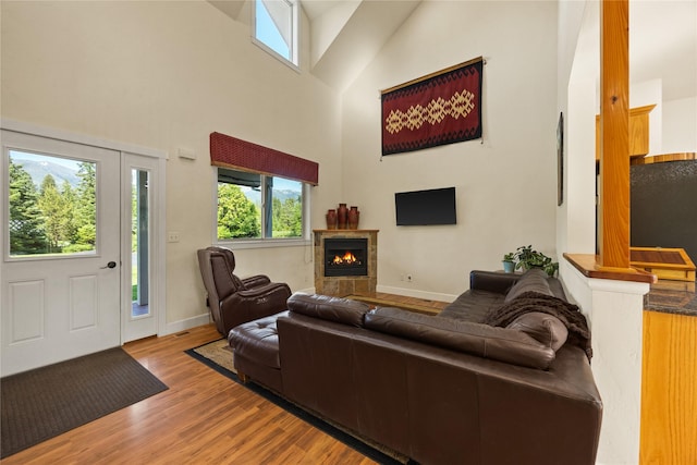 13471 Sundance Trl, Bigfork, MT 59911 - living area with wood finished floors, a fireplace, and a towering ceiling