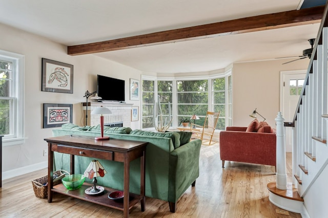 2606 View Dr, Missoula, MT 59804 - living area featuring beam ceiling, plenty of natural light, stairs, light wood-type flooring, and a ceiling fan