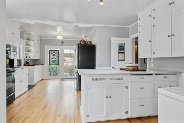 2606 View Dr, Missoula, MT 59804 - kitchen with stainless steel appliances, open shelves, white cabinetry, ornamental molding, and a peninsula