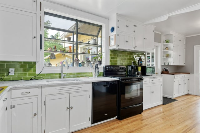 2606 View Dr, Missoula, MT 59804 - kitchen with black appliances, a sink, open shelves, white cabinetry, and backsplash
