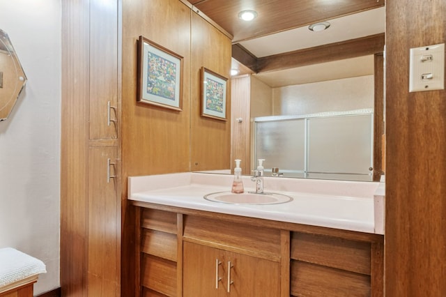 2606 View Dr, Missoula, MT 59804 - full bathroom featuring vanity, a shower with door, and recessed lighting