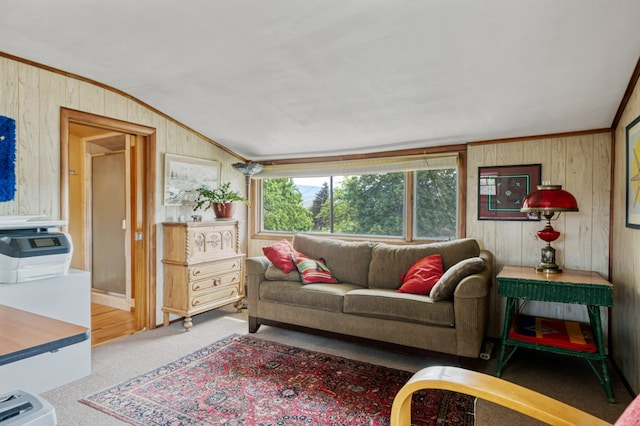 2606 View Dr, Missoula, MT 59804 - carpeted living room featuring wood walls, lofted ceiling, and crown molding