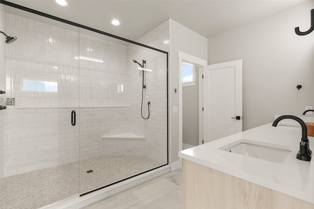 7018 Max Dr, Missoula, MT 59803 - full bath with a stall shower, recessed lighting, double vanity, and marble finish floors
