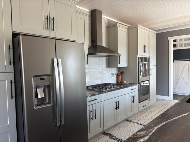 411 10th Ave NE, Choteau, MT 59422 - kitchen with stainless steel appliances, wall chimney exhaust hood, backsplash, wooden ceiling, and baseboards