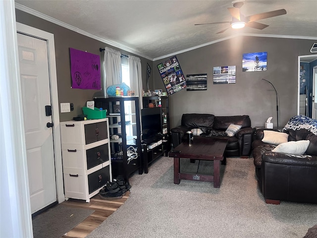 3000 Villard Ave Unit 12, Helena, MT 59601 - living room featuring a ceiling fan, wood finished floors, crown molding, and vaulted ceiling