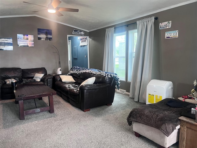 3000 Villard Ave Unit 12, Helena, MT 59601 - living area with carpet floors, crown molding, vaulted ceiling, and ceiling fan