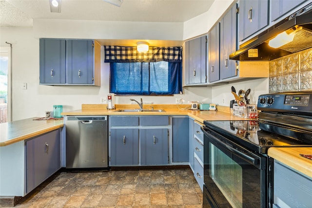 5900 Longview Dr, Missoula, MT 59803 - kitchen featuring black electric range, dishwasher, a sink, under cabinet range hood, and stone finish floors