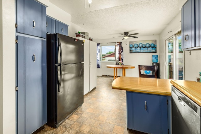 5900 Longview Dr, Missoula, MT 59803 - kitchen featuring freestanding refrigerator, dishwasher, blue cabinetry, ceiling fan, and a textured ceiling