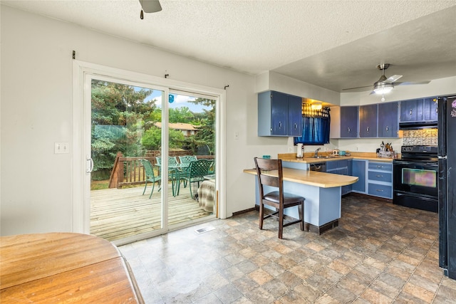 5900 Longview Dr, Missoula, MT 59803 - kitchen with black appliances, a ceiling fan, blue cabinets, and a textured ceiling
