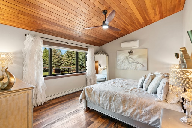 100 N Low Bench Rd, Gallatin Gateway, MT 59730 - bedroom featuring baseboard heating, a wall mounted air conditioner, vaulted ceiling, wood ceiling, and wood finished floors