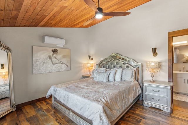 100 N Low Bench Rd, Gallatin Gateway, MT 59730 - bedroom featuring an AC wall unit, wood-type flooring, wooden ceiling, baseboards, and vaulted ceiling