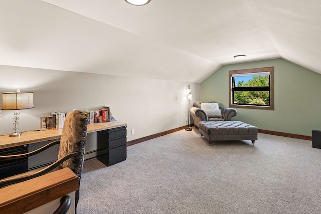 100 N Low Bench Rd, Gallatin Gateway, MT 59730 - carpeted home office featuring lofted ceiling and baseboards